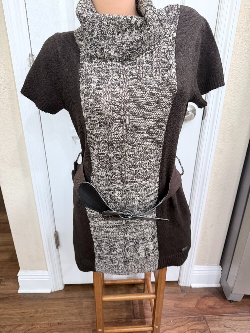 Point Zero XL Cable Knit Sweater Dress Cowl Neck Belted Brown Patchwork